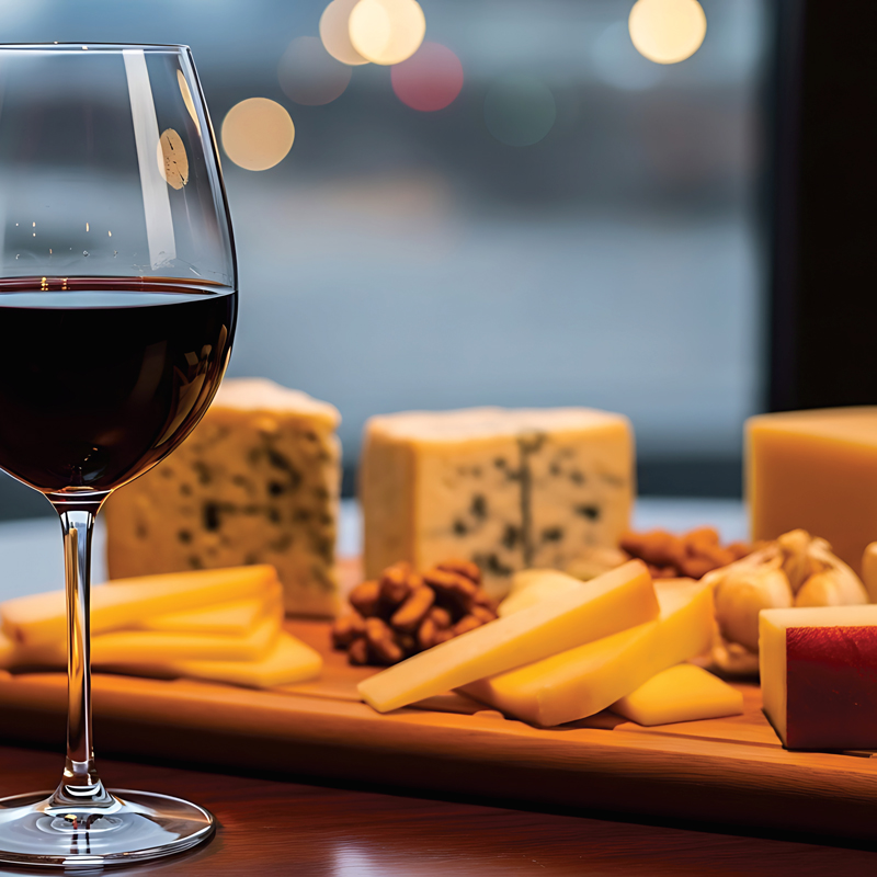 Picture of wine and cheese on a wooden serving board